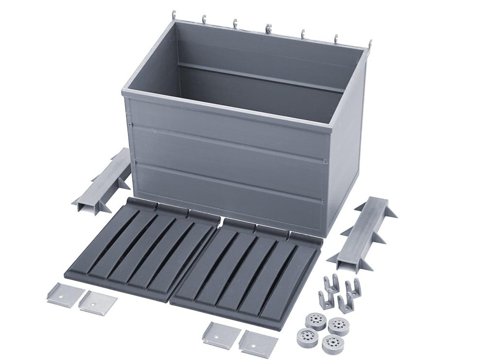Desktop Dumpster — Bin, hinged lids, rails and wheels — every part prints flat, then assembles